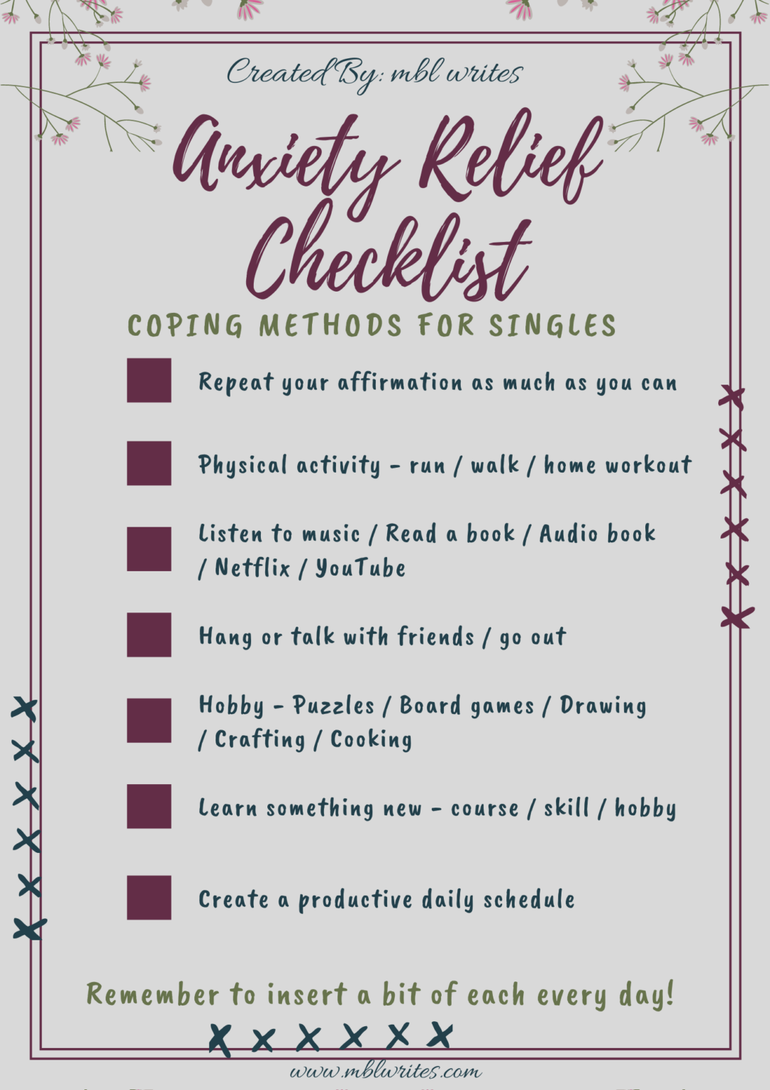 Anxiety Relief Checklist and Affirmations for Singles Michal B. Lehman